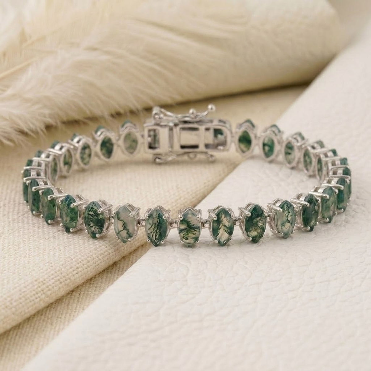Handmade Natural Moss Agate Tennis Bracelet, Marquise Cut 925 Sterling Silver, Minimalist Fine Jewelry