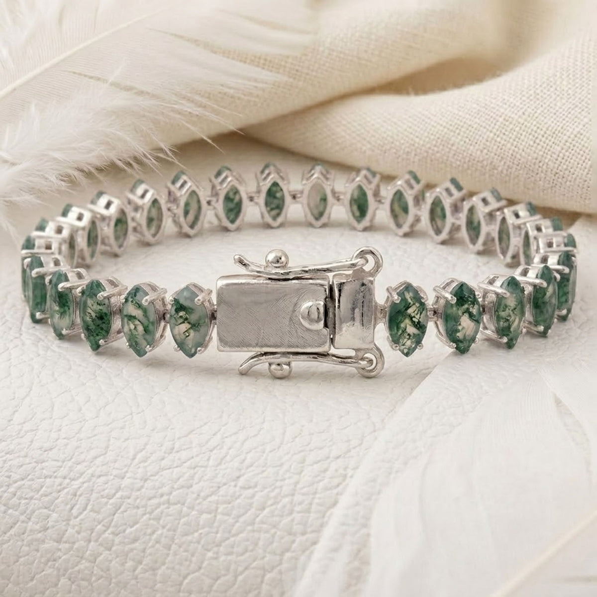 Handmade Natural Moss Agate Tennis Bracelet, Marquise Cut 925 Sterling Silver, Minimalist Fine Jewelry