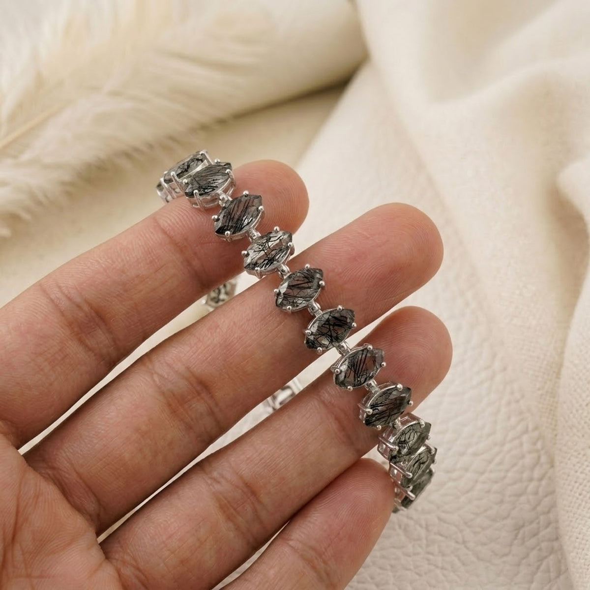 Handmade Natural Black Rutilated Quartz Tennis Bracelet, 6x3mm Marquise Cut 925 Sterling Silver, Minimalist Fine Jewelry