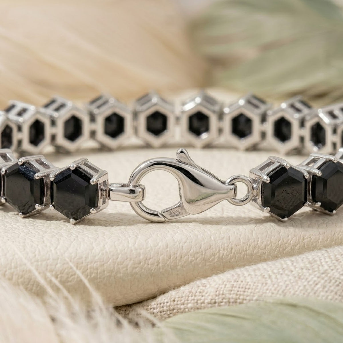 Natural Black Spinel Hexagon Cut Tennis Bracelet in Sterling Silver For Women