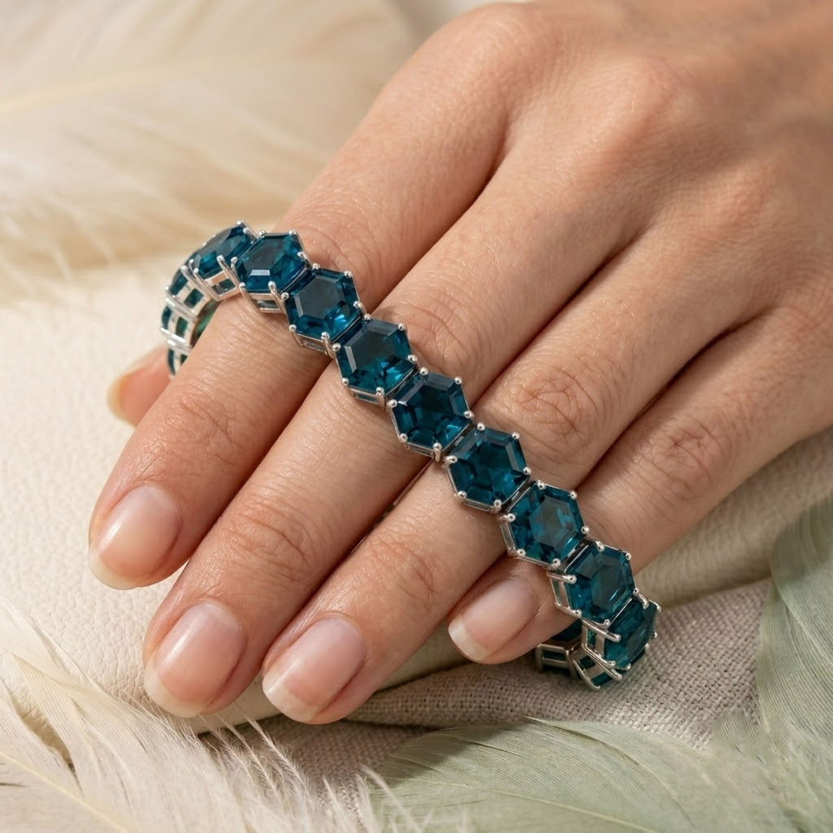Natural London Blue Topaz Hexagon Cut Tennis Bracelet in 925 Sterling Silver For women