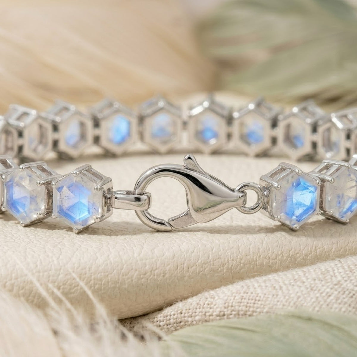 Natural Moonstone Hexagon Cut Tennis Bracelet in 925 Sterling Silver For Women Gift