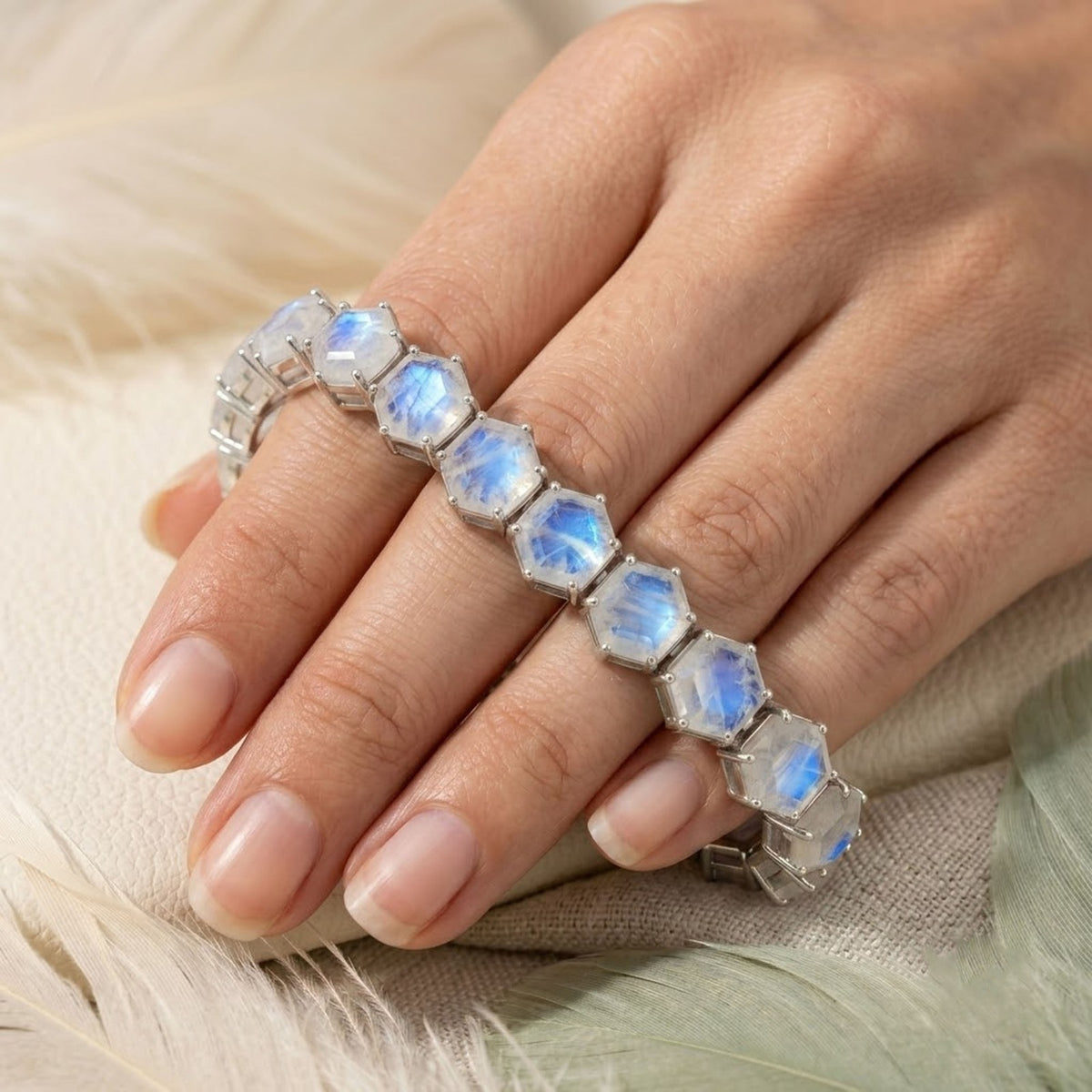 Natural Moonstone Hexagon Cut Tennis Bracelet in 925 Sterling Silver For Women Gift