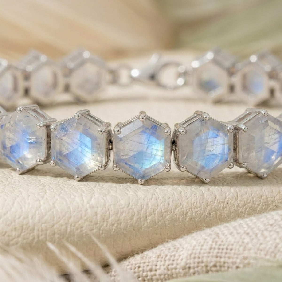 Natural Moonstone Hexagon Cut Tennis Bracelet in 925 Sterling Silver For Women Gift