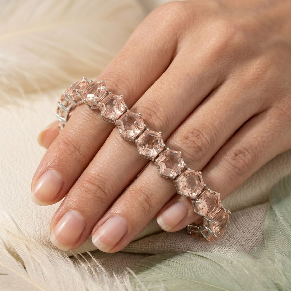 Lab-Grown Morganite Hexagon Cut Tennis Bracelet in 925 Sterling Silver For Women Gift