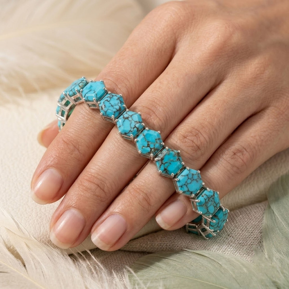 Natural Turquoise Hexagon Cut Tennis Bracelet in 925 Sterling Silver For Women Gift