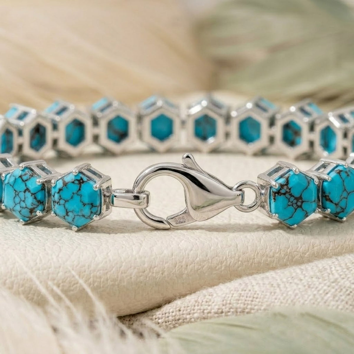 Natural Turquoise Hexagon Cut Tennis Bracelet in 925 Sterling Silver For Women Gift