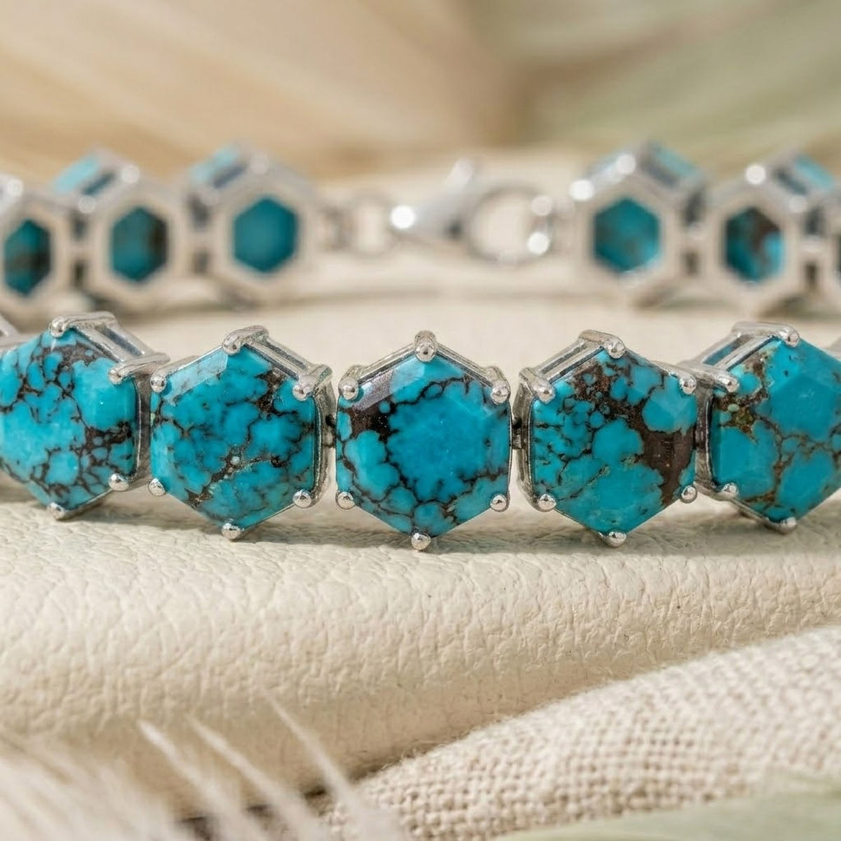 Natural Turquoise Hexagon Cut Tennis Bracelet in 925 Sterling Silver For Women Gift