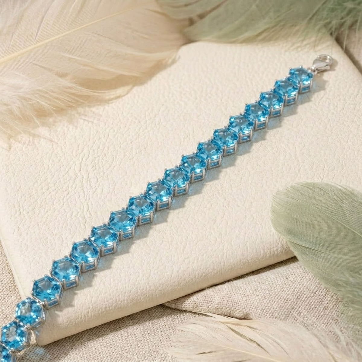 Natural Sky Blue Topaz Hexagon Cut Tennis Bracelet in 925 Sterling Silver.