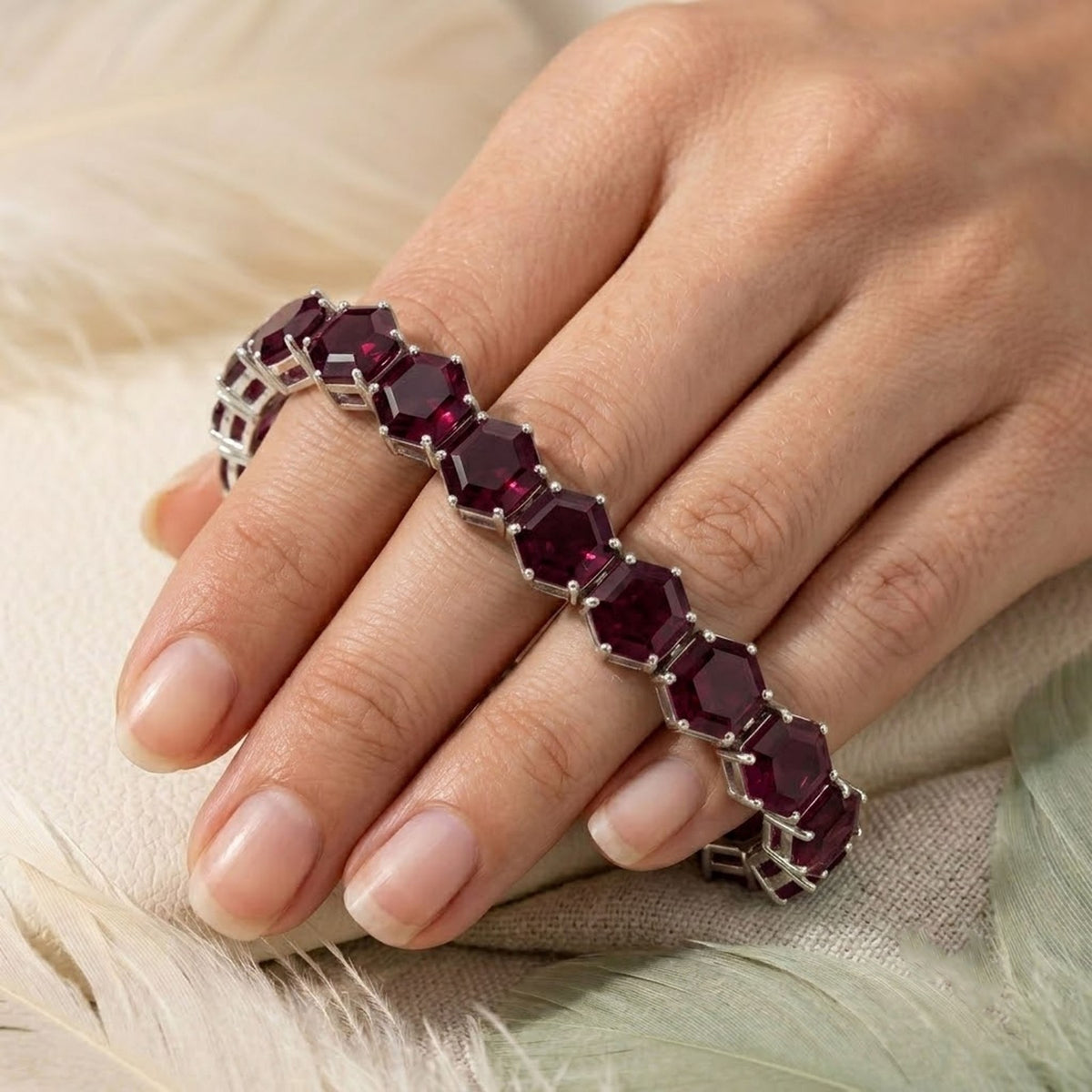 Natural Rhodolite Hexagone Cut Tennis Bracelet in 925 Sterling Silver For Women Gift