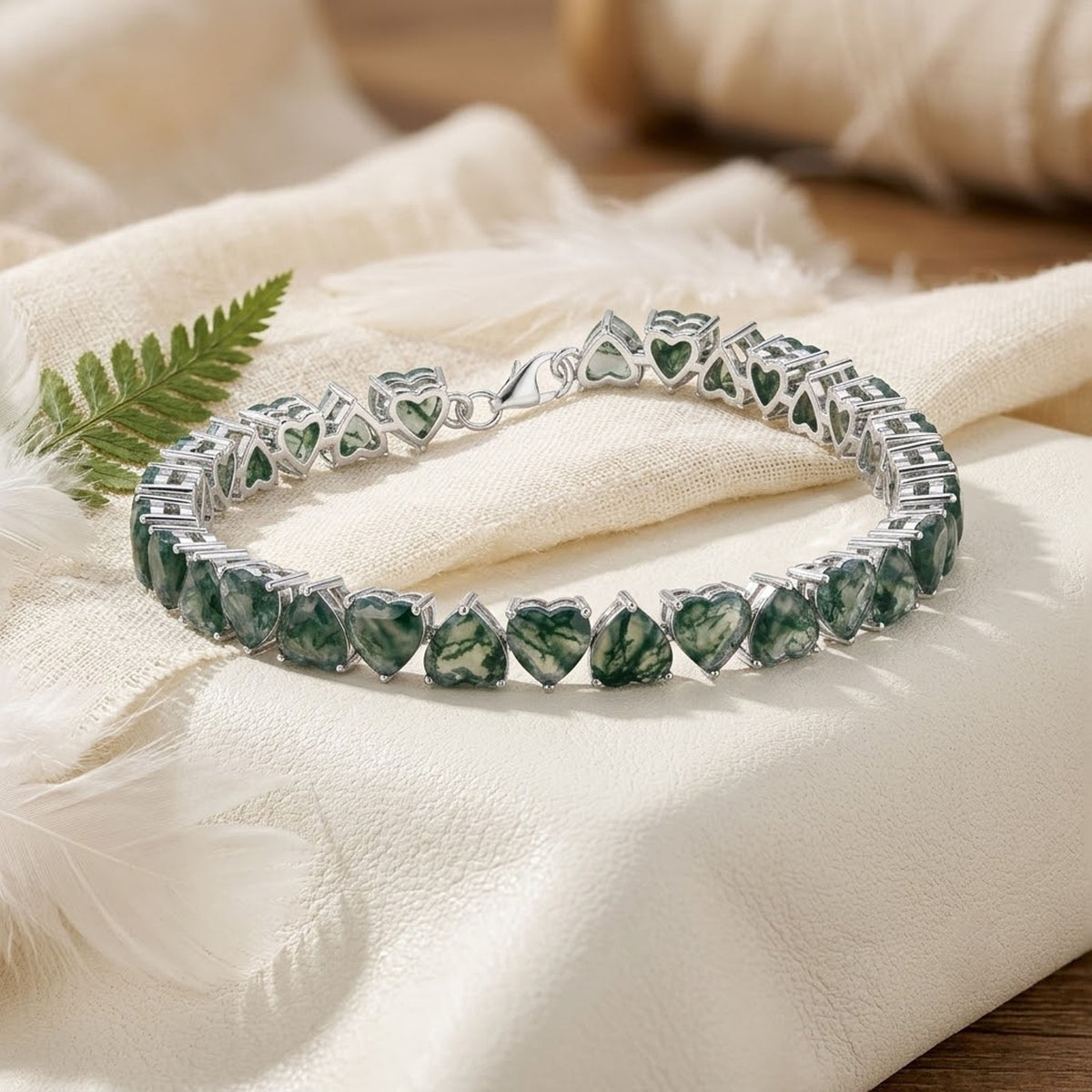 Natural Moss Agate Heart Cut Tennis Bracelet in 925 Sterling Silver For Women Gift