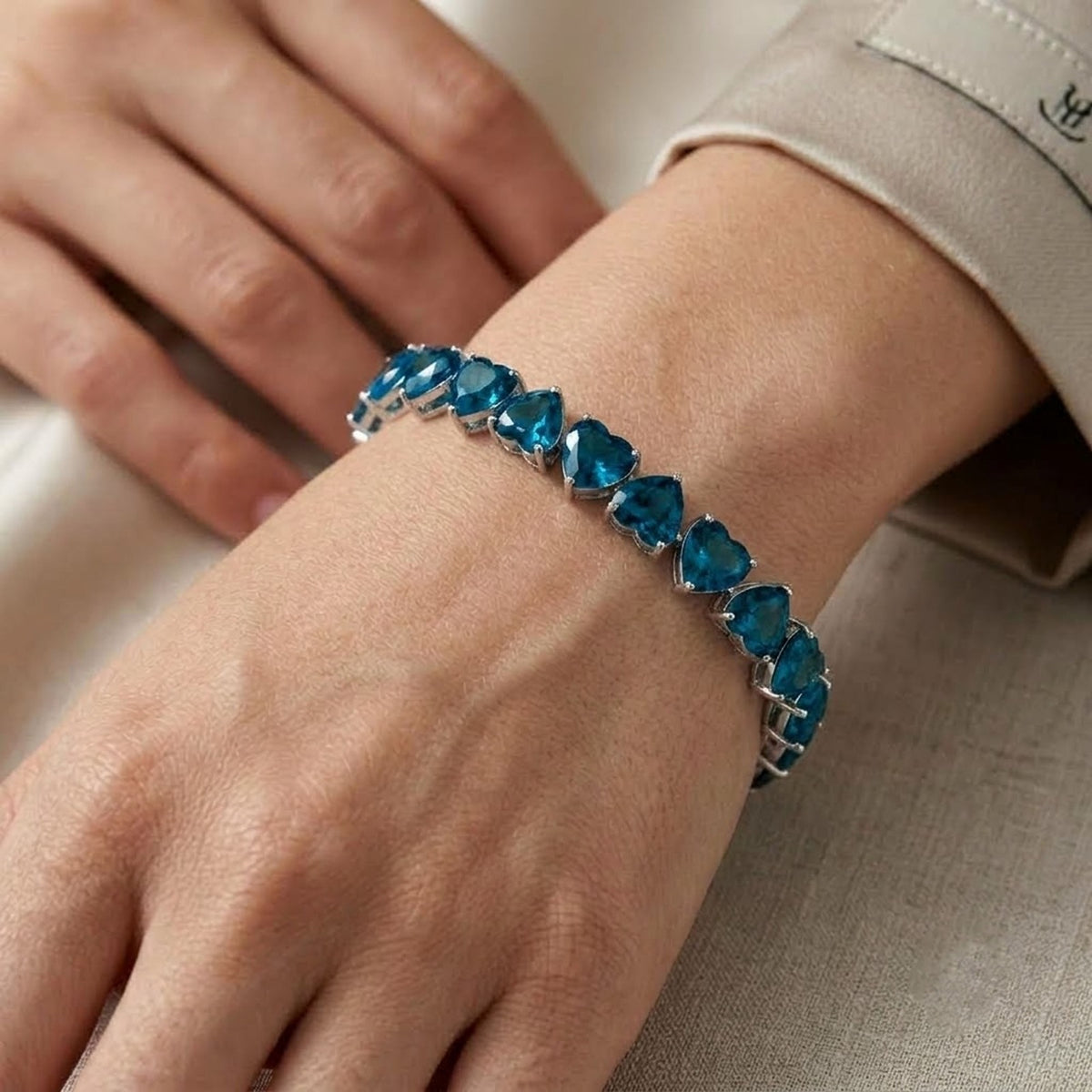 Natural London Blue Topaz Heart Cut Tennis Bracelet in 925 Sterling Silver Women