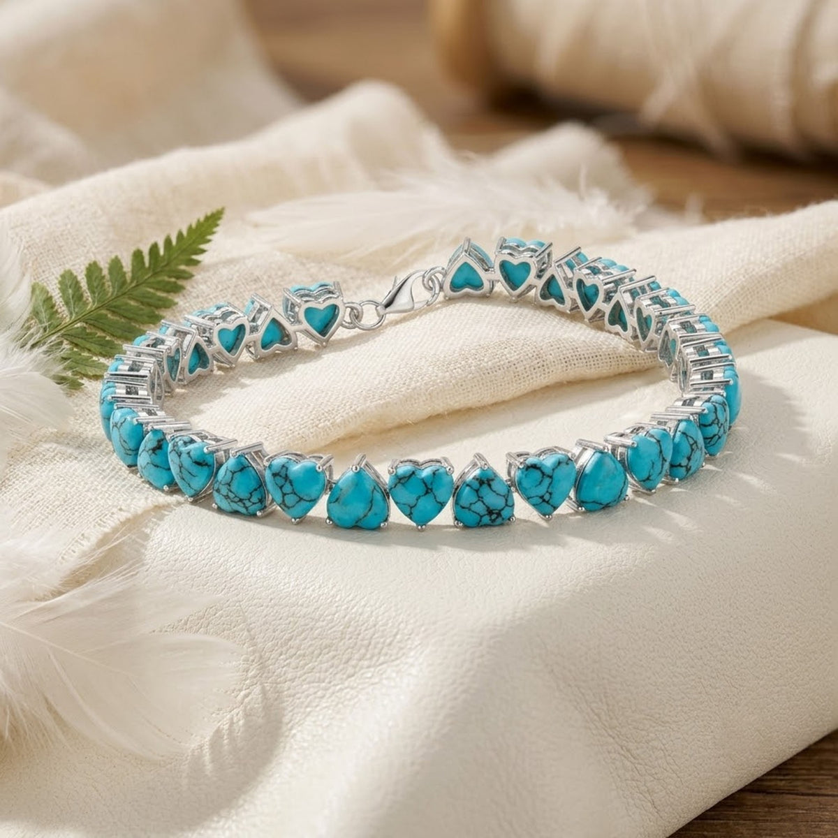 Natural Turquoise Heart Cut Tennis Bracelet in 925 Sterling Silver For Women