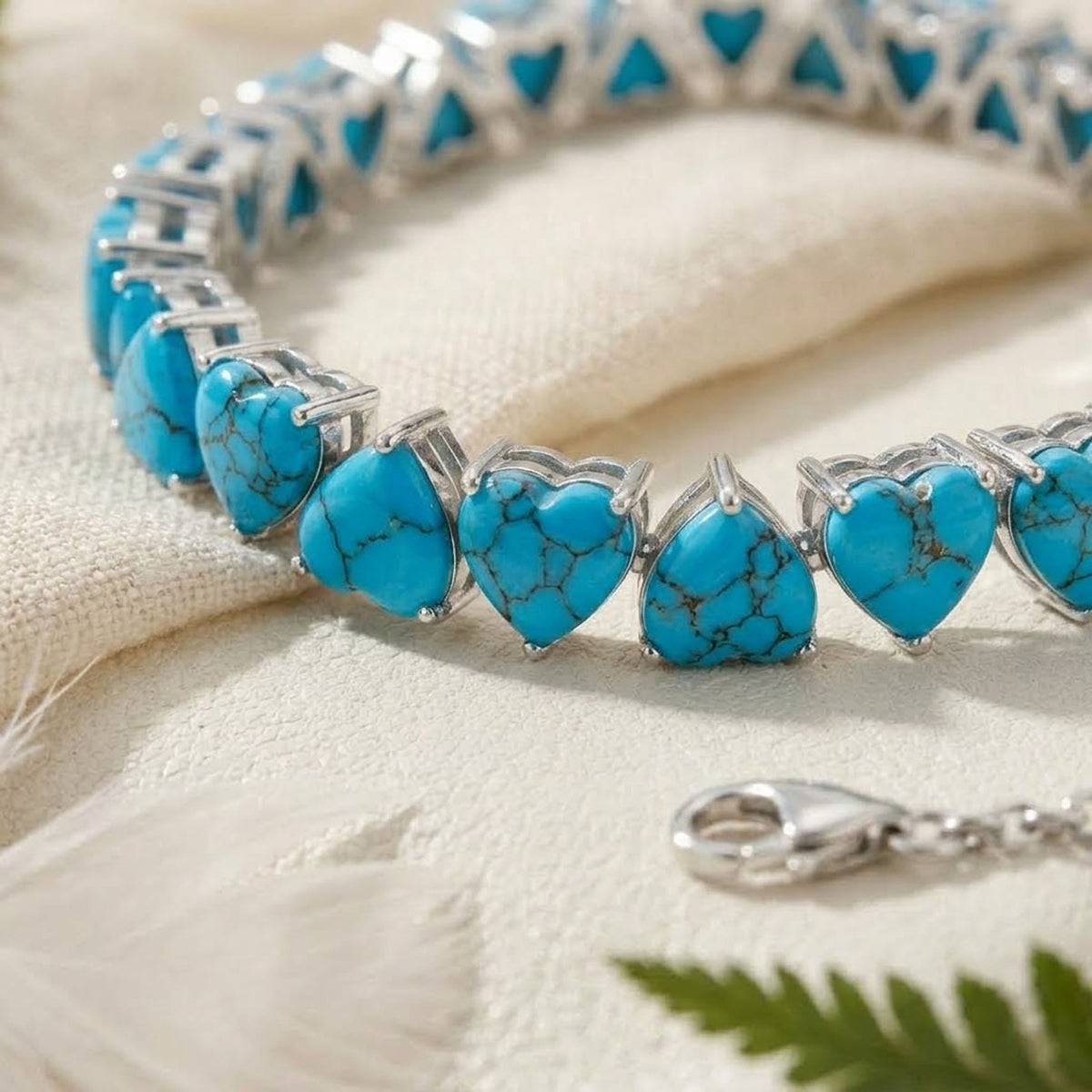 Natural Turquoise Heart Cut Tennis Bracelet in 925 Sterling Silver For Women