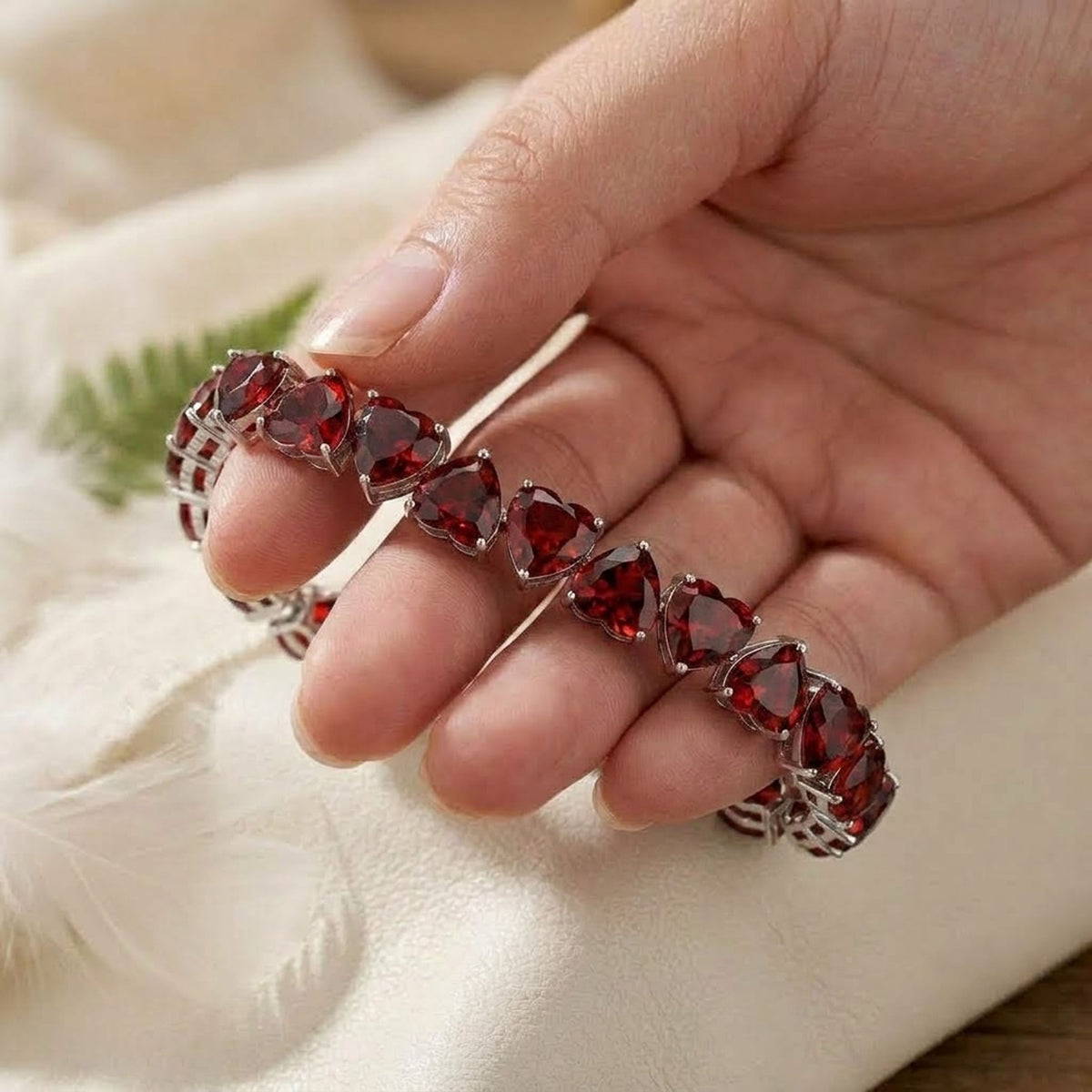 Natural Garnet Heart Cut Tennis Bracelet in 925 Sterling Silver For Women