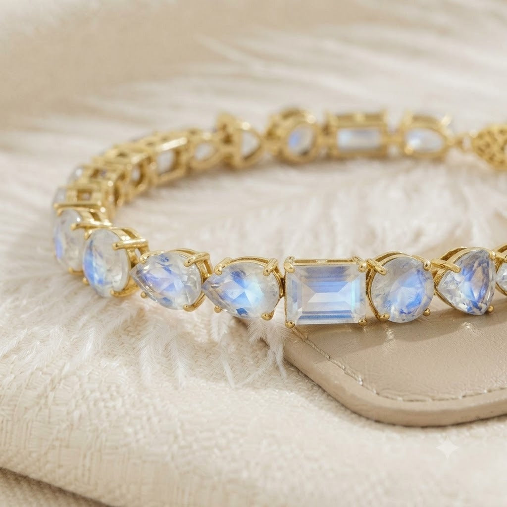 Natural Moonstone Multi Cut Gemstone Tennis Bracelet 925 Sterling Silver