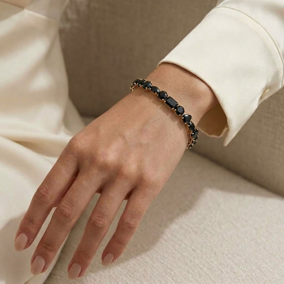 Natural Black Spinel Multi Cut Gemstone Tennis Bracelet 925 Sterling Silver
