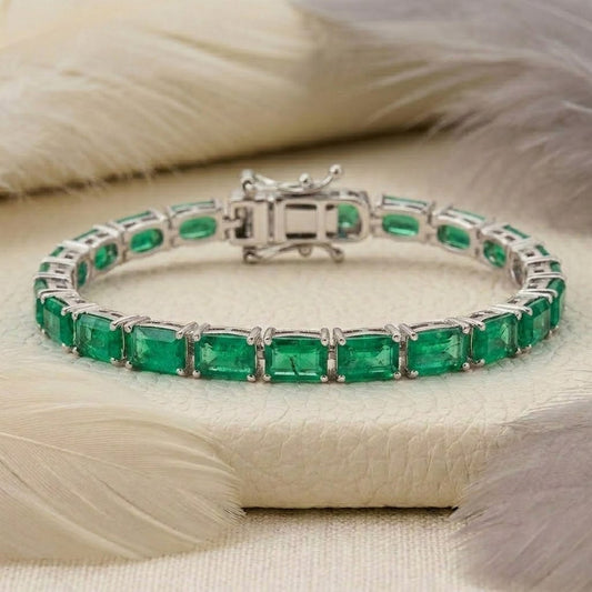 Lab-Grown Emerald Baguette Cut Tennis Bracelet in 925 Sterling Silver.