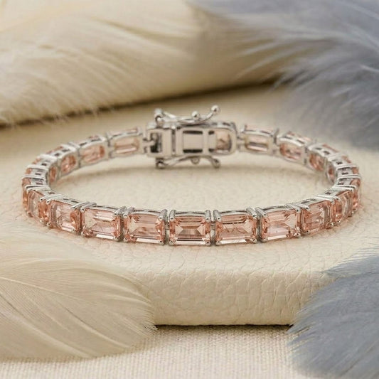 Lab-Grown Morganite Baguette Cut Tennis Bracelet in 925 Sterling Silver.
