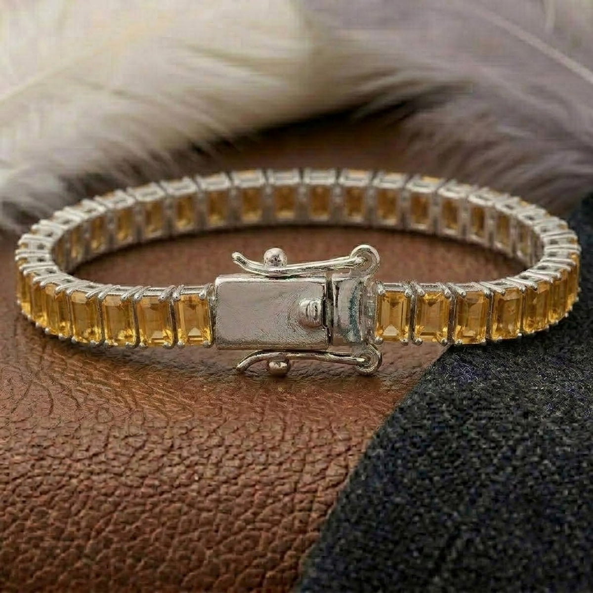 Natural Citrine Baguette Cut Tennis Bracelet In 925 Sterling Silver.