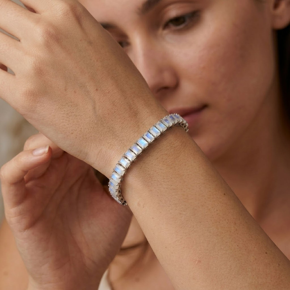 Natural Moonstone Baguette Cut Tennis Bracelet in 925 Sterling Silver.
