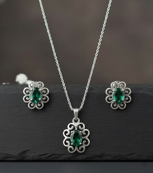 Enchanted Garden Set: Natural Emerald Flower Pendant & Stud Earrings in Sterling Silver