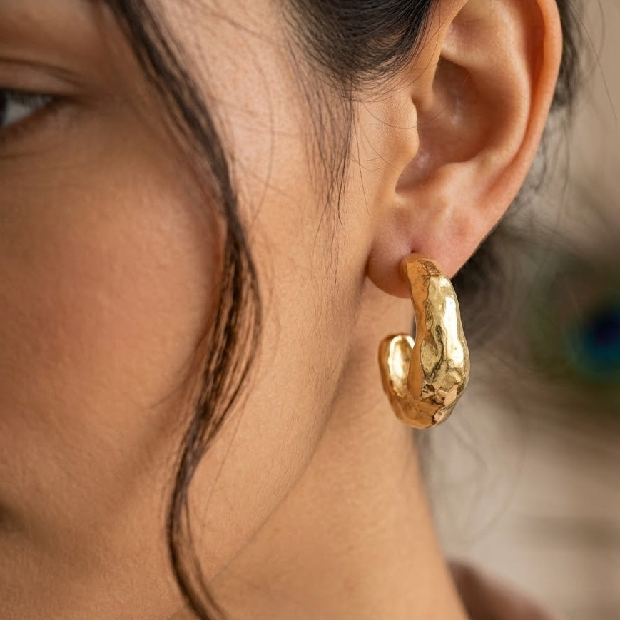 Chunky Hammered Hoop Earrings – Gold Plated Organic C-Hoop Earrings for Women