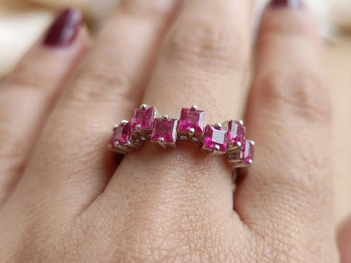 Natural Ruby Eternity Ring – Square Cut Zig-Zag Gemstone Band for Women