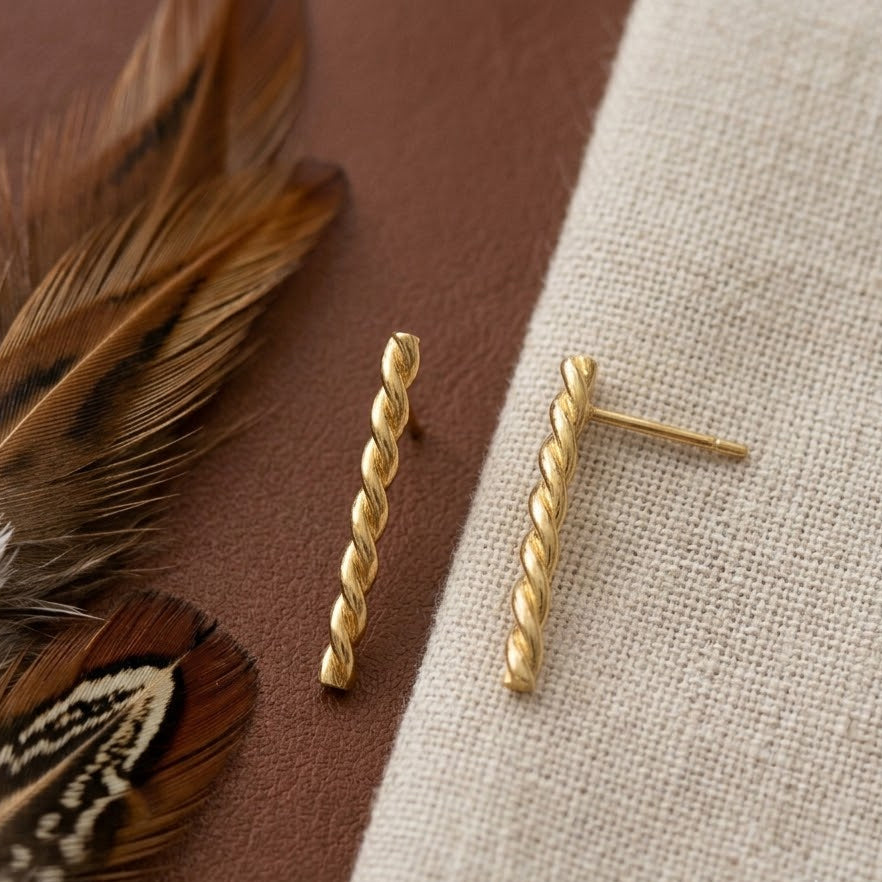 Twisted Bar Stud Earrings – Gold Plated Rope Bar Earrings for Women