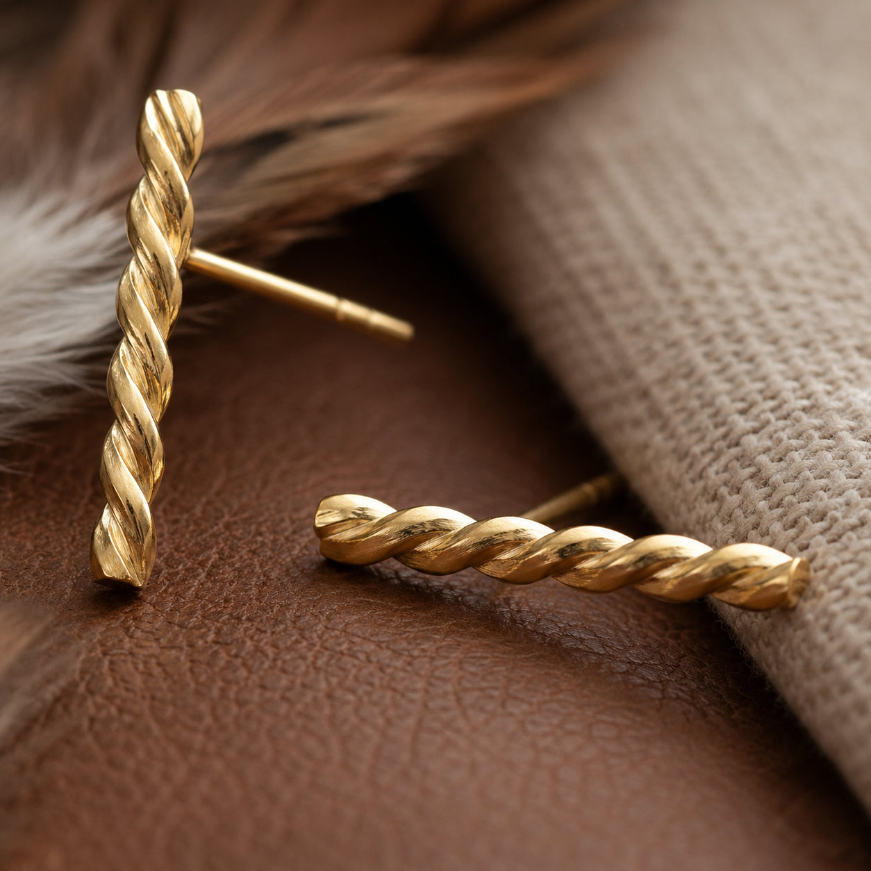 Twisted Bar Stud Earrings – Gold Plated Rope Bar Earrings for Women