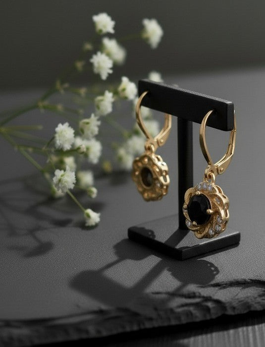 Gothic Glamour: Natural Black Spinel & Moissanite Flower Drop Earrings