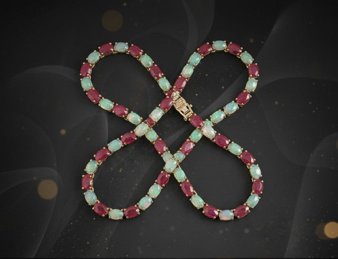 Royal Fire & Ice Necklace: Natural Ruby and Opal Alternating Tennis Necklace