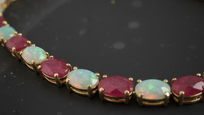 Royal Fire & Ice Necklace: Natural Ruby and Opal Alternating Tennis Necklace