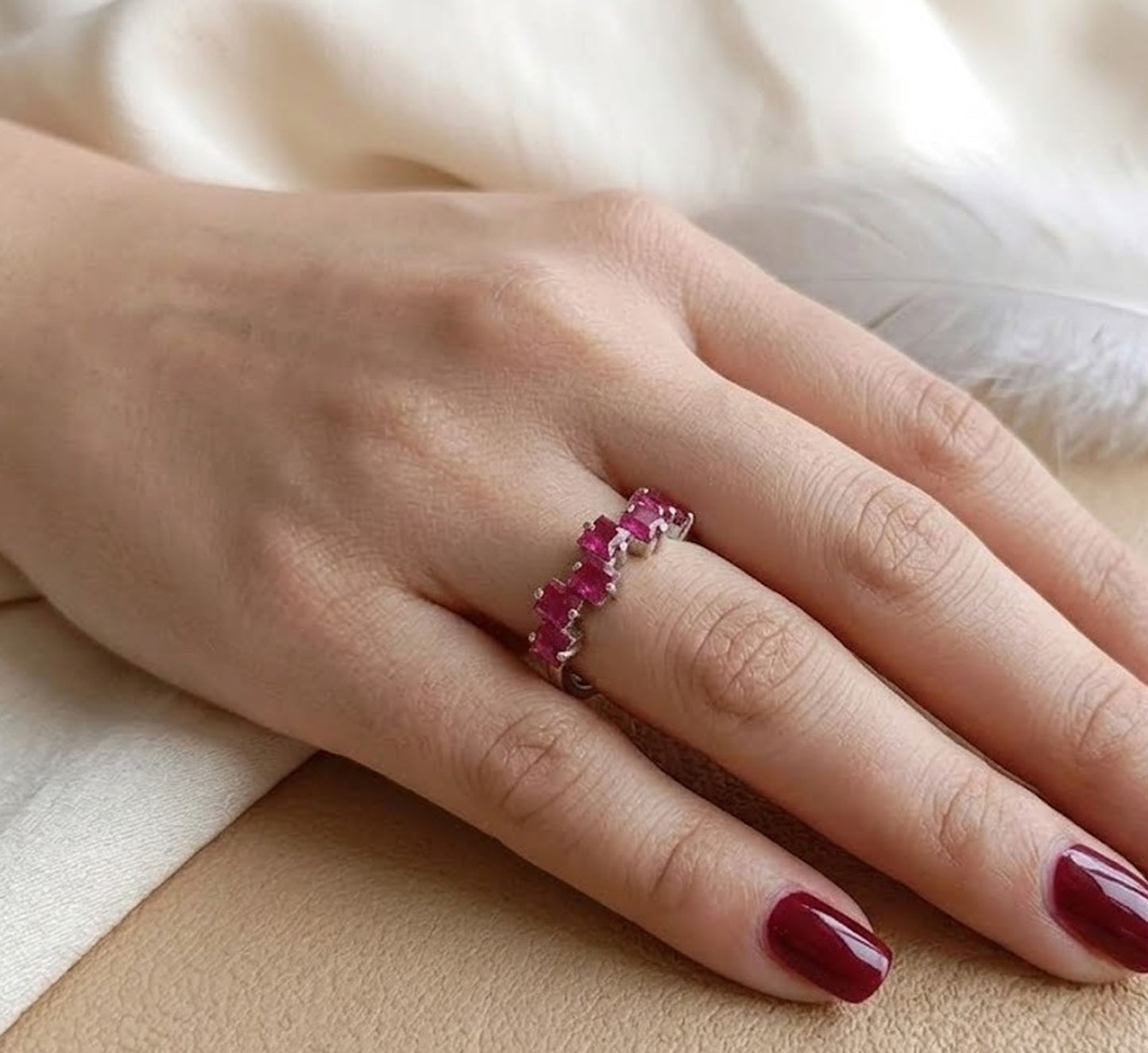 Natural Ruby Eternity Ring – Square Cut Zig-Zag Gemstone Band for Women