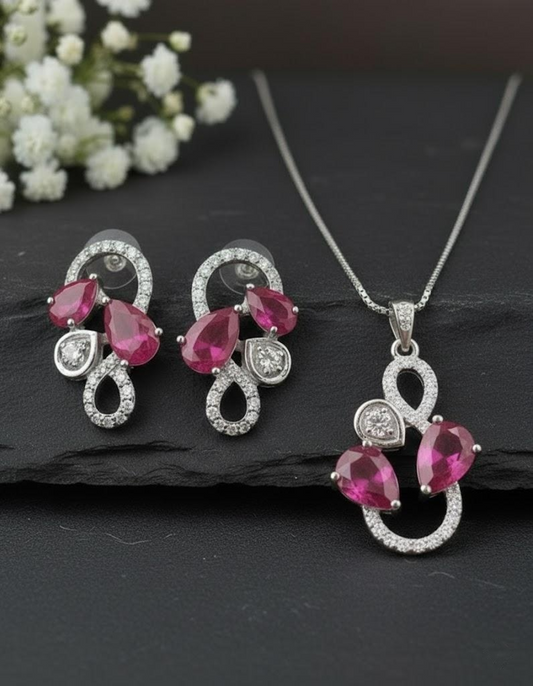 Royal Bloom Set: Natural Ruby & Moissanite Cluster Pendant & Stud Earrings