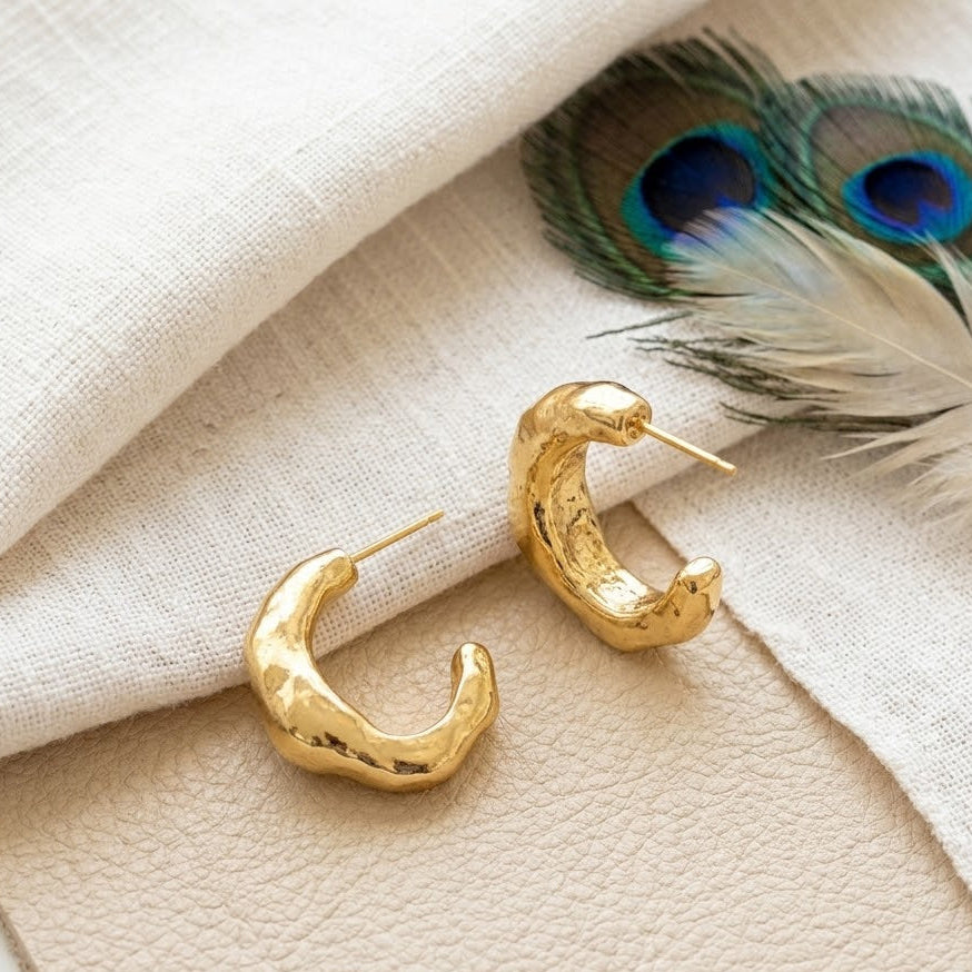 Chunky Hammered Hoop Earrings – Gold Plated Organic C-Hoop Earrings for Women