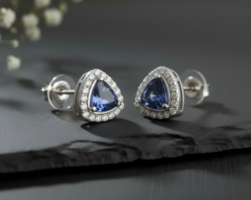 Regal Twilight Studs: Natural Tanzanite & Dazzling Moissanite Halo Earrings