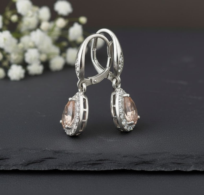 Romantic Blush Set: Natural Morganite & Moissanite Halo Pendant & Drop Earrings Jewelry Set