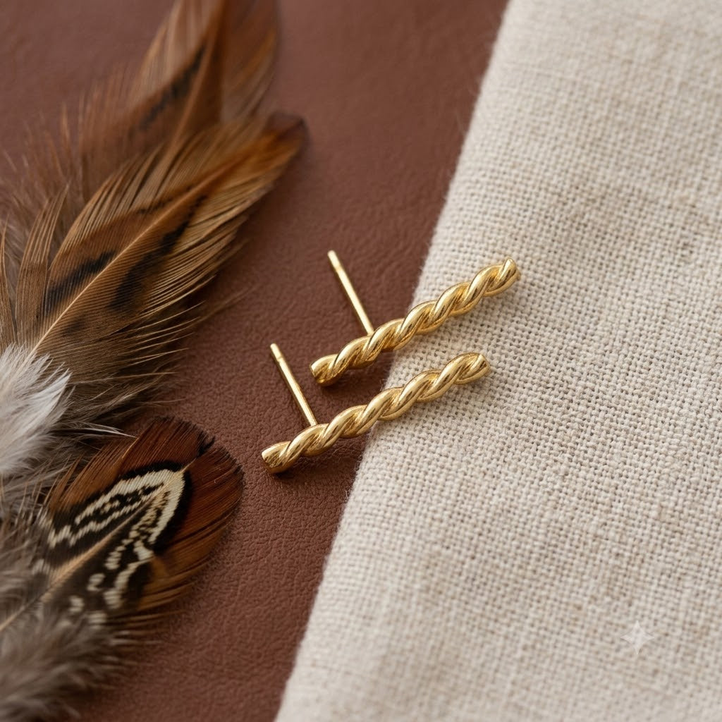 Twisted Bar Stud Earrings – Gold Plated Rope Bar Earrings for Women