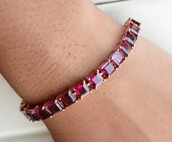 Natural Rhodolite Garnet Tennis Bracelet Woman In Platinum Overlay Sterling Silver . - Image 2