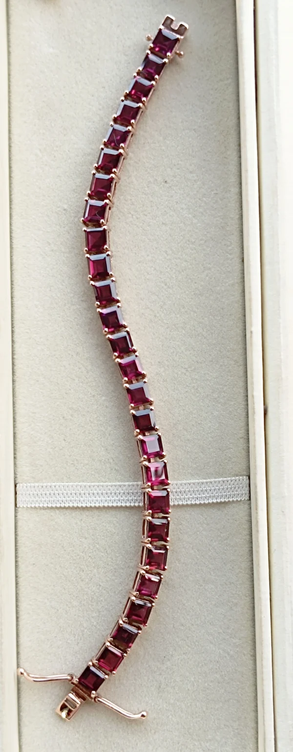 Natural Rhodolite Garnet Tennis Bracelet Woman In Platinum Overlay Sterling Silver . - Image 9