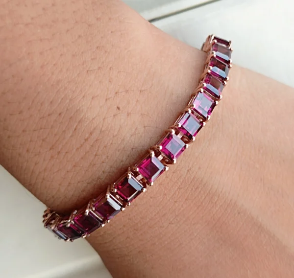 Natural Rhodolite Garnet Tennis Bracelet Woman In Platinum Overlay Sterling Silver .